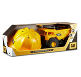 CATERPILLAR SET VEHICULO DE CONSTRUCCION 25CM + CASCO + RASTRILLO